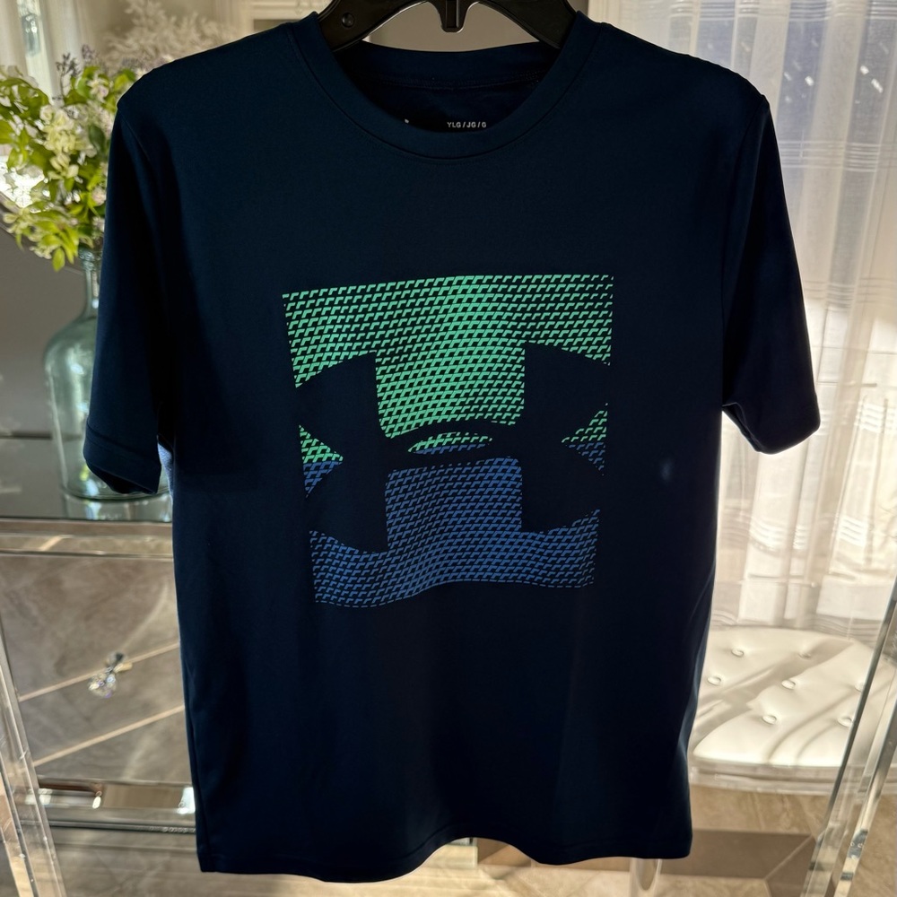 Under Armour Youth L/G Dark Blue Tee with Green and Blue Graphic